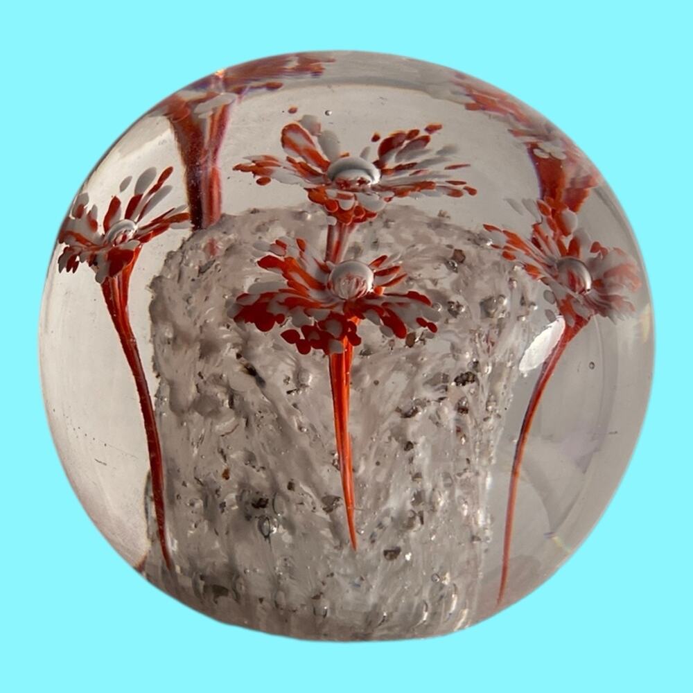 Vintage Paperweight Handblown Round Six Red & White Flowers Art Glass